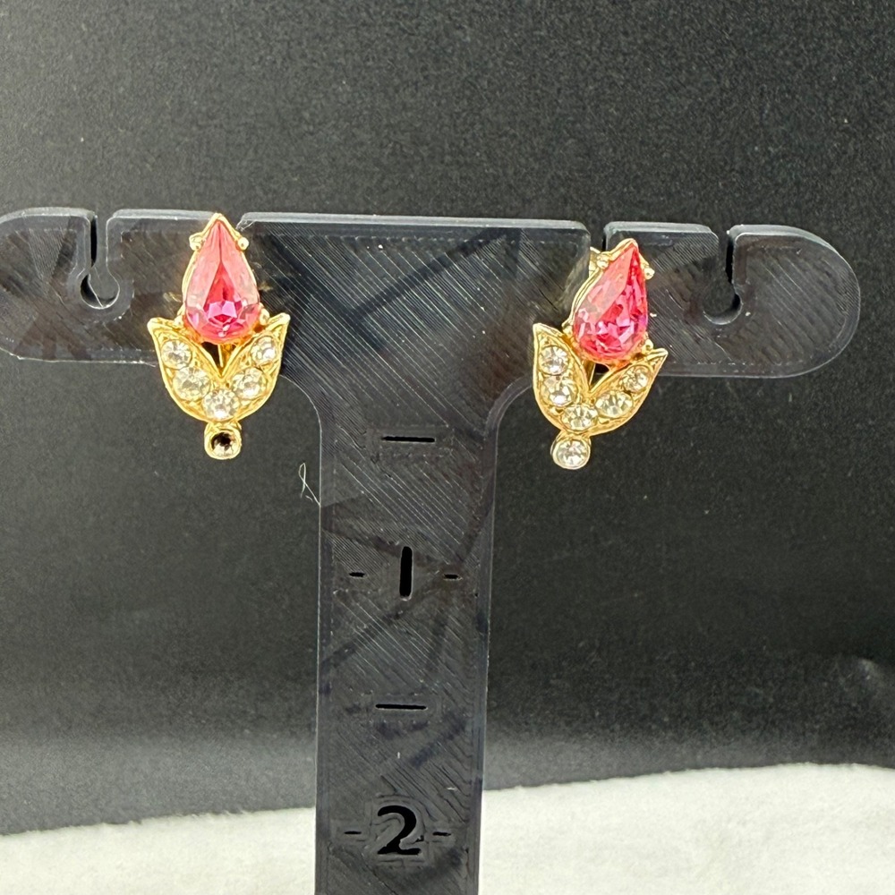 Vintage Wiesner Earrings Pink Rhinestone Tulip Flower Gold Tone Screw Back